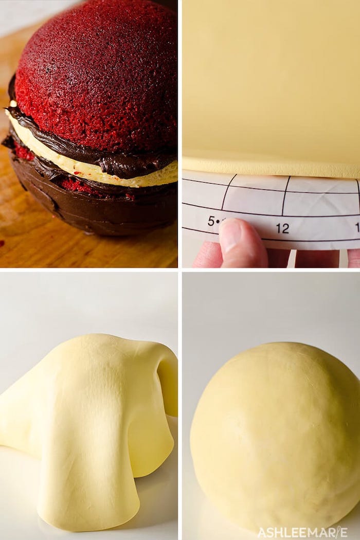 photo collage of step by step tutorial, covering the cake with white fondant, harry potter birthday cake, golden snitch cake