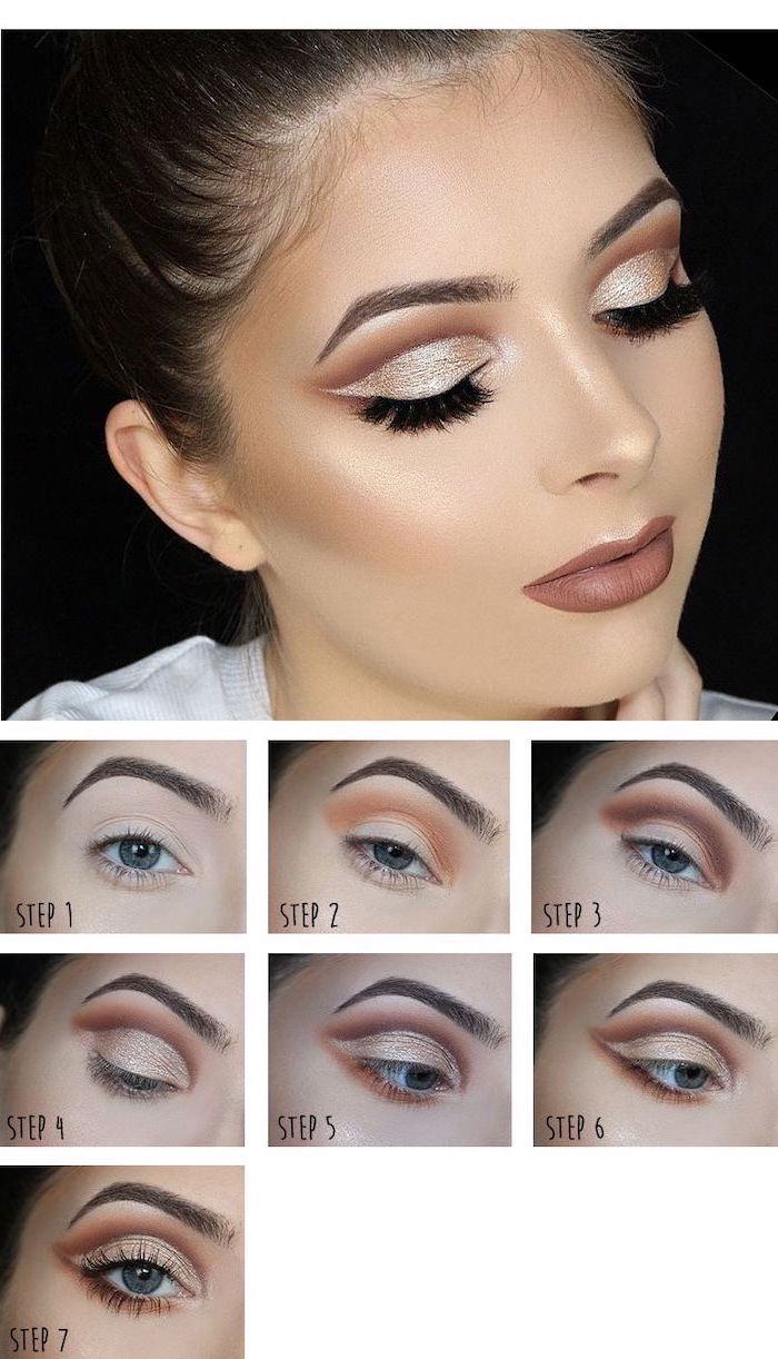 step by step diy tutorial, silver white eyeshadow colors, long black lashes, how to put on eyeshadow, nude lipstick