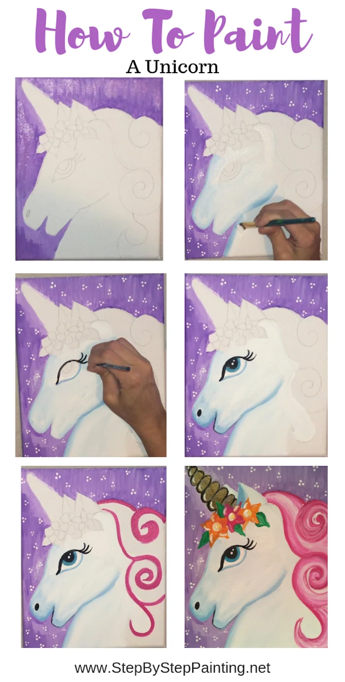how to paint a unicorn, photo collage of step by step diy tutorial, abstract painting ideas