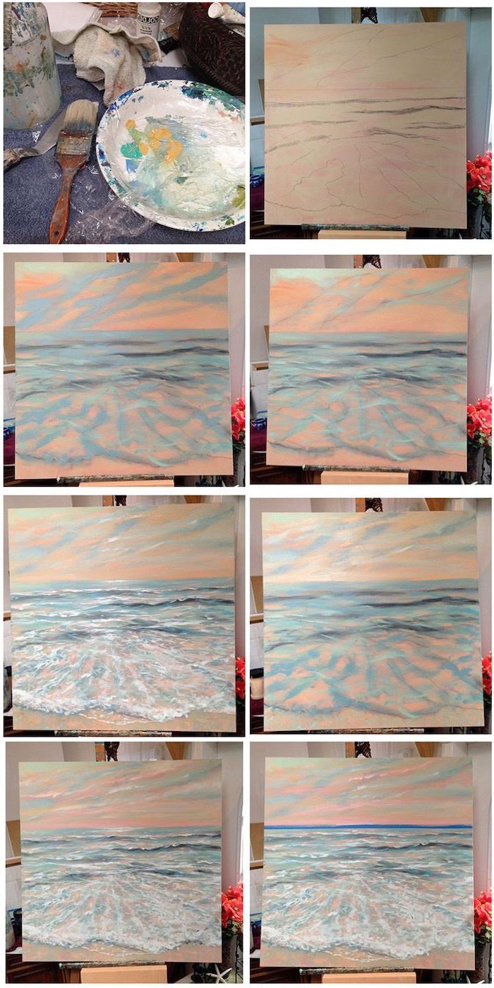 abstract painting ideas, photo collage of step by step diy tutorial, realistic painting ocean waves, crashing into the beach, step by step acrylic painting tutorial, how to paint the sea in acrylics