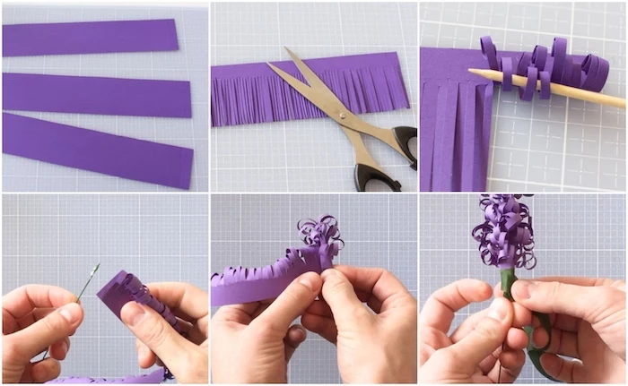 how to make paper flowers, photo collage of a step by step diy tutorial, hyacinth paper flowers, made out of purple paper