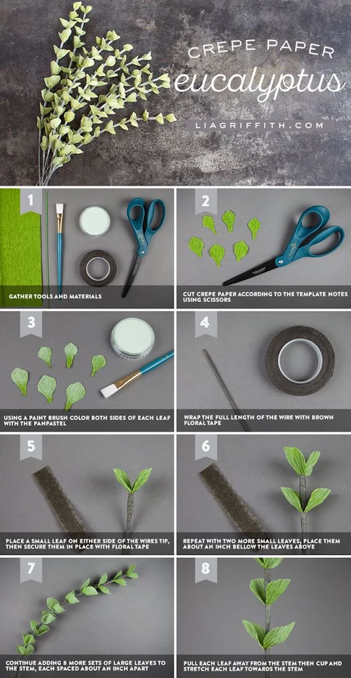 photo collage of step by step diy tutorial, how to make paper flowers easy, how to make eucalyptus out of crepe paper