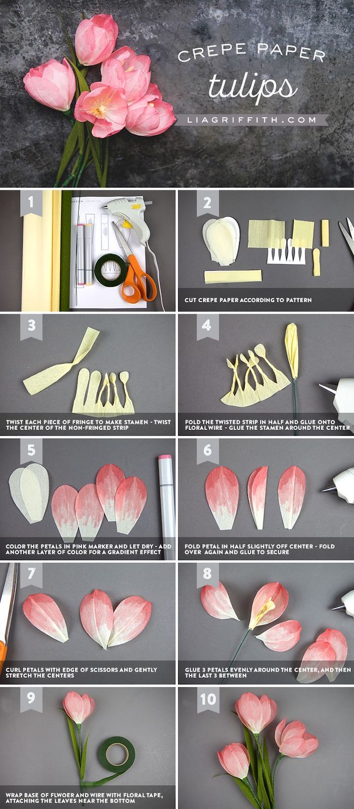 how to make tulips out of crepe paper, photo collage of step by step diy tutorial, how to make paper flowers easy