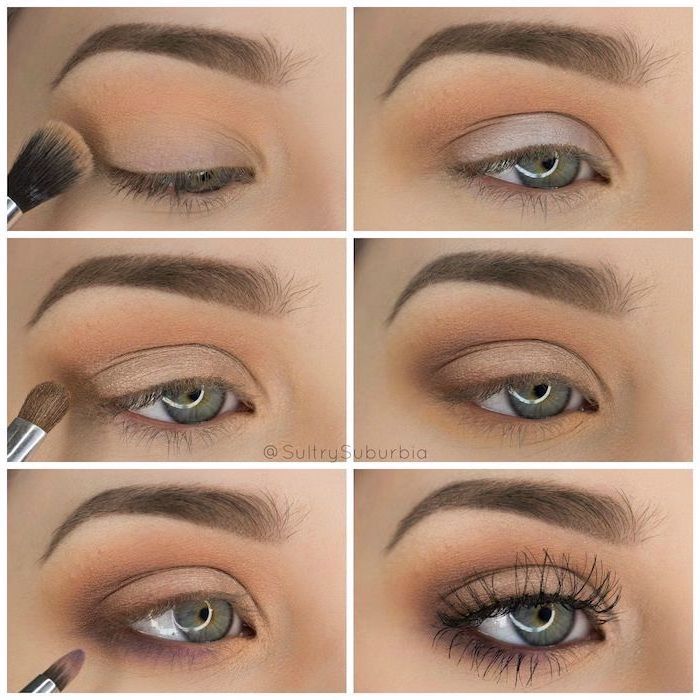 woman with green eyes, step by step diy tutorial, how to put on eyeshadow, nude eyeshadow colors, long black eyelashes