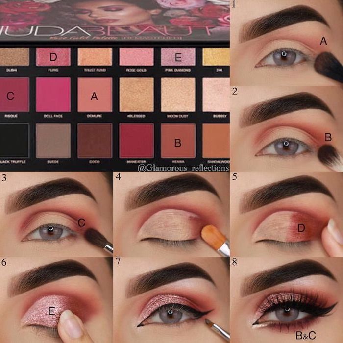 rose gold eyeshadow colors, black cat eyeliner, woman with blue eyes, how to put on eyeshadow, step by step diy tutorial