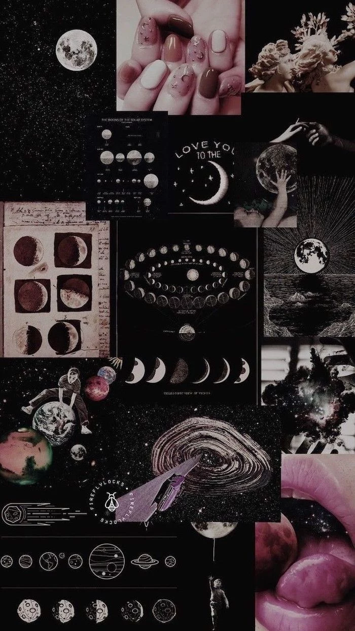photo collage, consisting of space photos, phases of the moon, dark aesthetic wallpaper, black and purple aesthetic