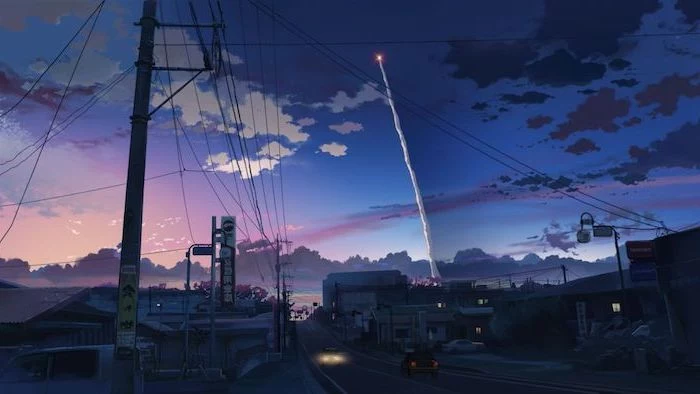 red aesthetic wallpaper, photo of a street, animated sky in purple and pink, electricity cables hanging above the street