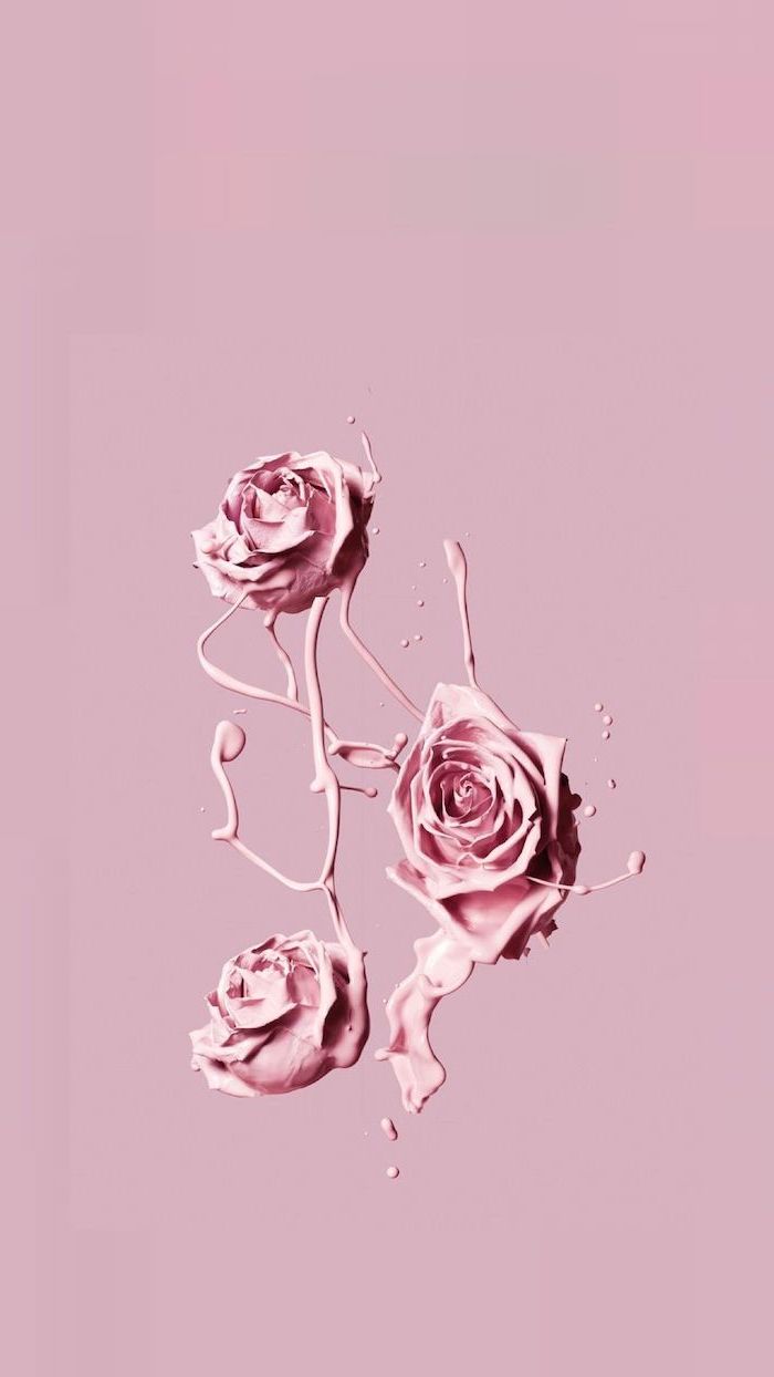 three pink roses, dark aesthetic wallpaper, animated paint leaking from them, painted on pink background
