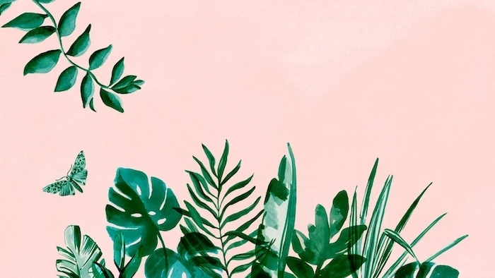 painting of green palm leaves, arranged at the bottom, on pink background, aesthetic phone backgrounds, different leaves