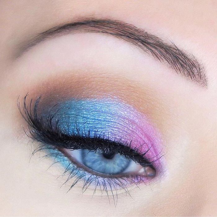 pink and blue eyeshadow colors, makeup for beginners, woman with blue eyes, slim dark eyebrows