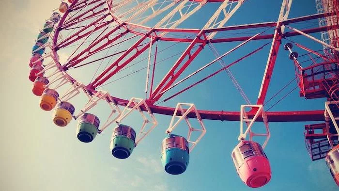 large ferris wheel, photographed from below, aesthetic phone backgrounds, blue sky with white clouds in the background