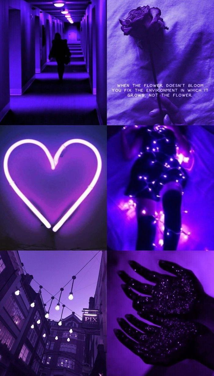 photo collage in purple colors, pink aesthetic background, neon heart shaped light and fairy lights, quotes and photos