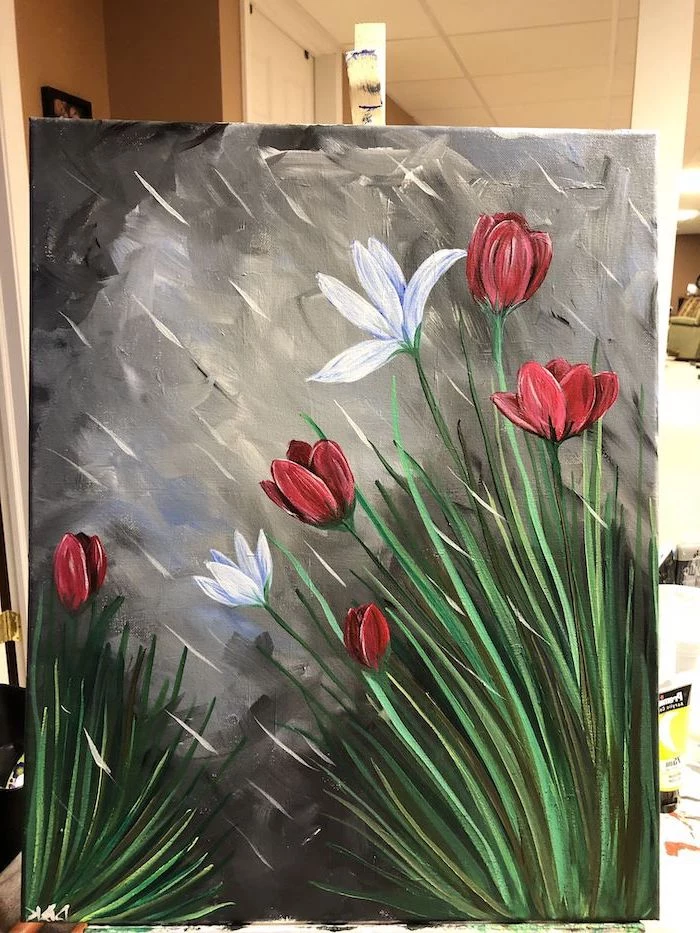 red and white blooming tulips, painted on dark grey background, rain drops falling on them, abstract painting ideas