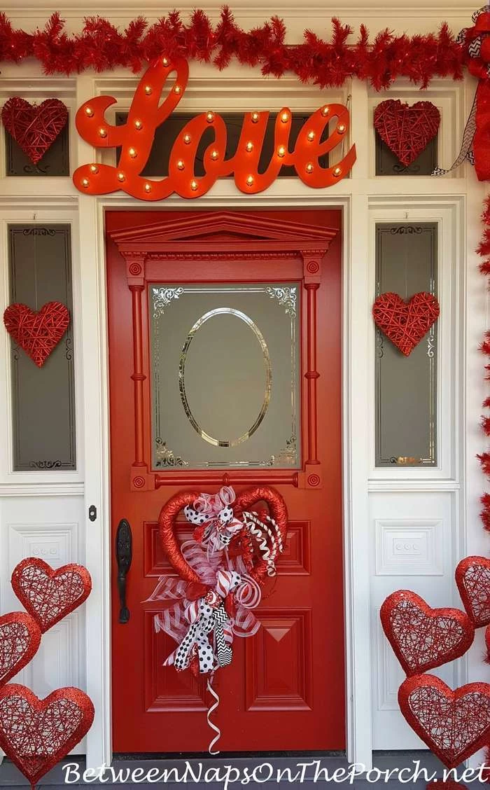 red love sign with lights, over red doors, valentine lights, hearts decoration in different sizes, red garland over the door