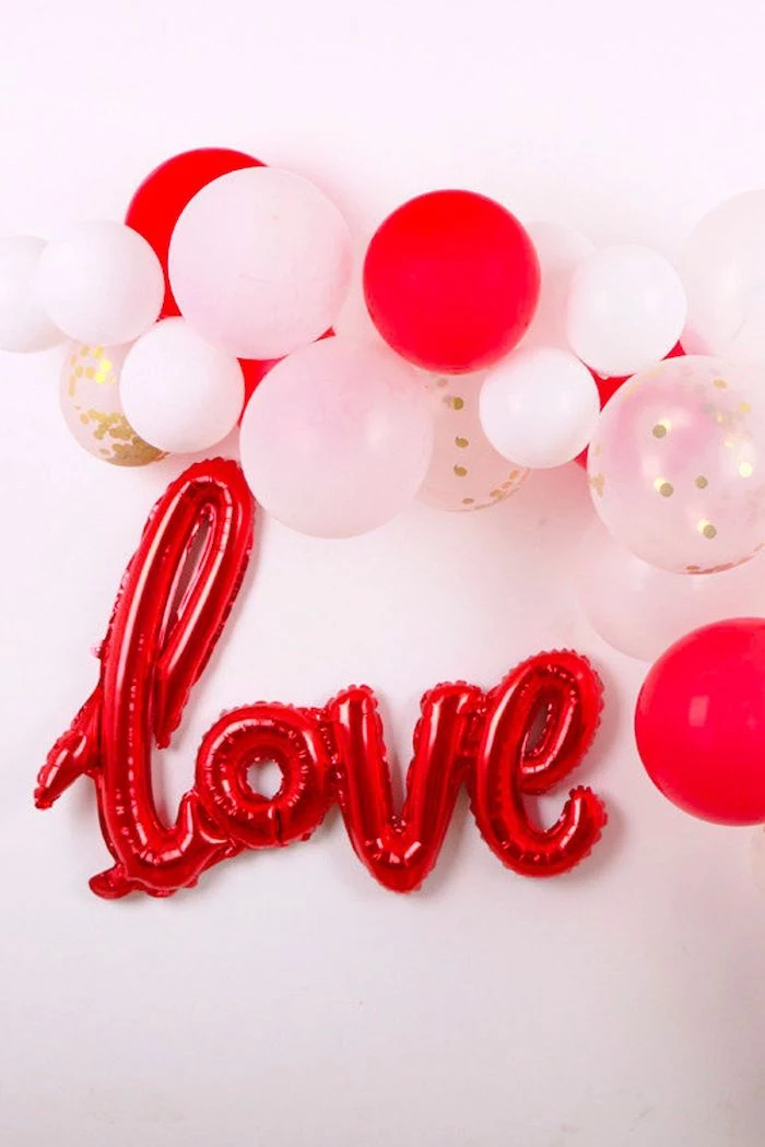 red love balloons, white and red balloons hanging on white wall, valentine's day home decor