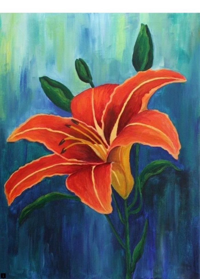 diy canvas painting, red orange orchid flower, green leaves, painted on dark blue green background