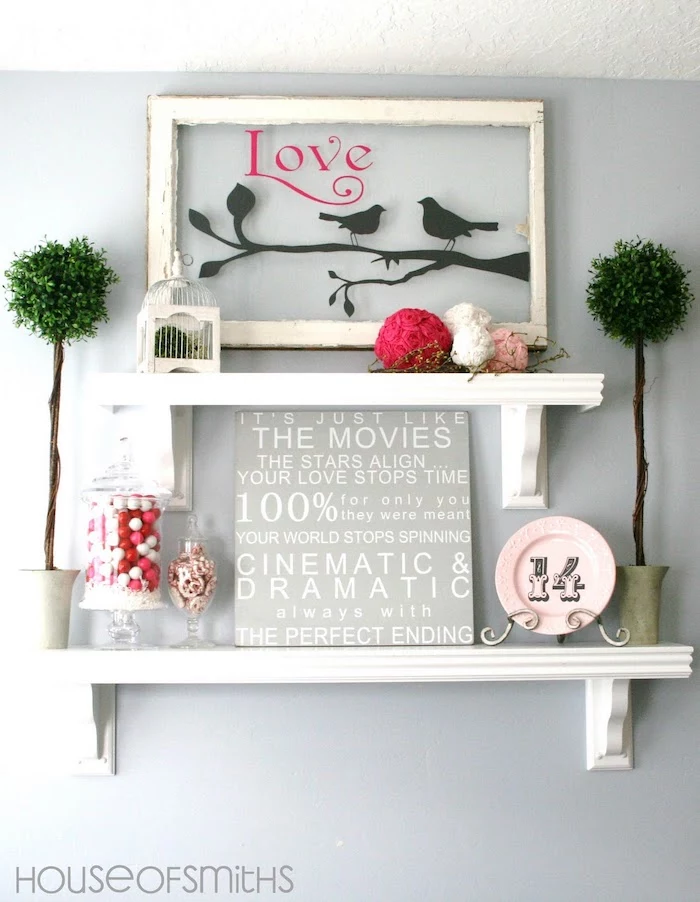 wooden board with love qotes, jar full of candy, arranged on white shelf, valentine's day home decor, love wooden poster