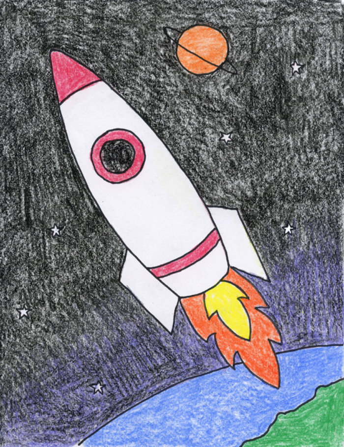 rocket flying into space, over earth and planet in the background, cute cool drawings, drawing colored with crayons