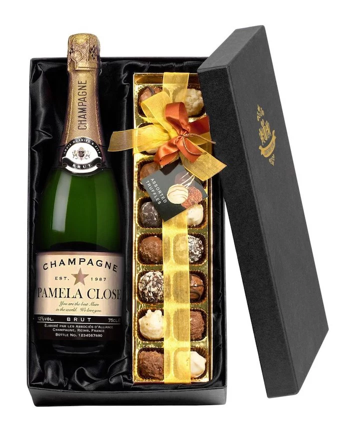 personalised bottle of champagne, assorted truffles, valentine day gifts for girlfriend, placed in a black box