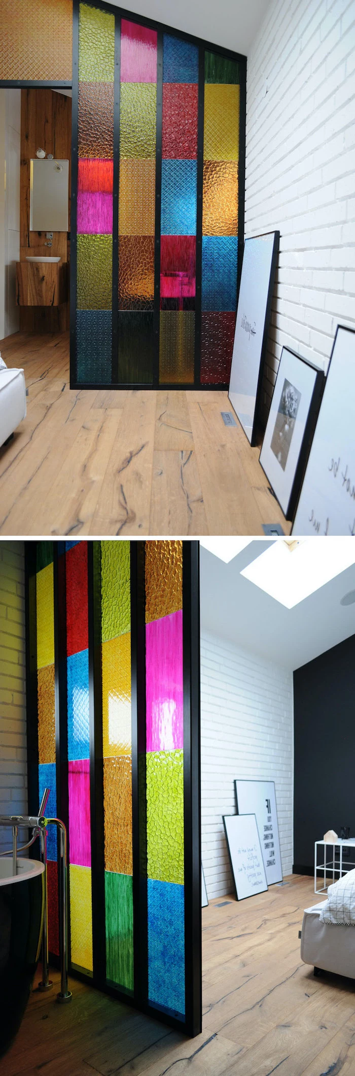 room divider with colored glass, placed between bathroom and bedroom, antique stained glass windows, white brick walls