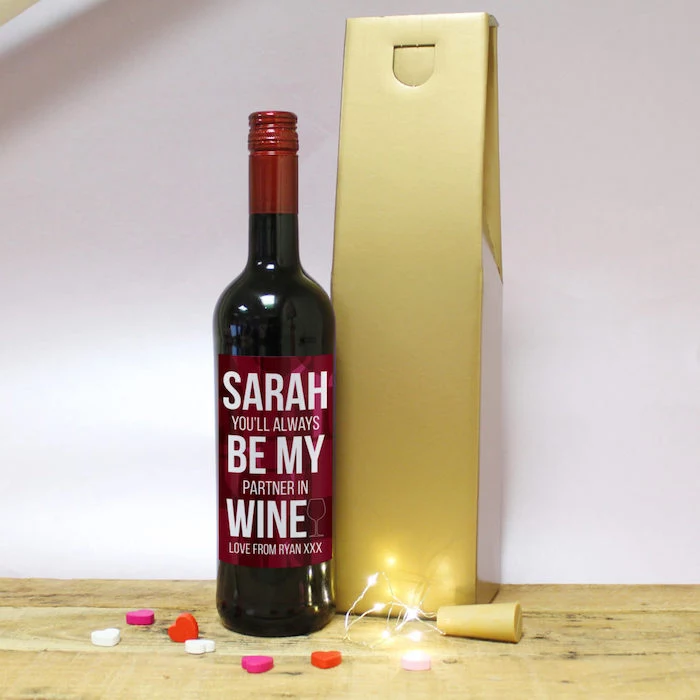 sarah you will always be my partner in wine, personalised wine bottle, valentine day gifts for girlfriend, with gold carton box