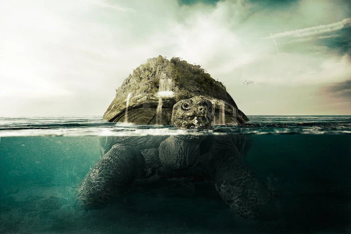large sea tortoise, walking on the bottom of ocean, half of it above water, vintage aesthetic wallpaper, aesthetic wallpaper for laptop