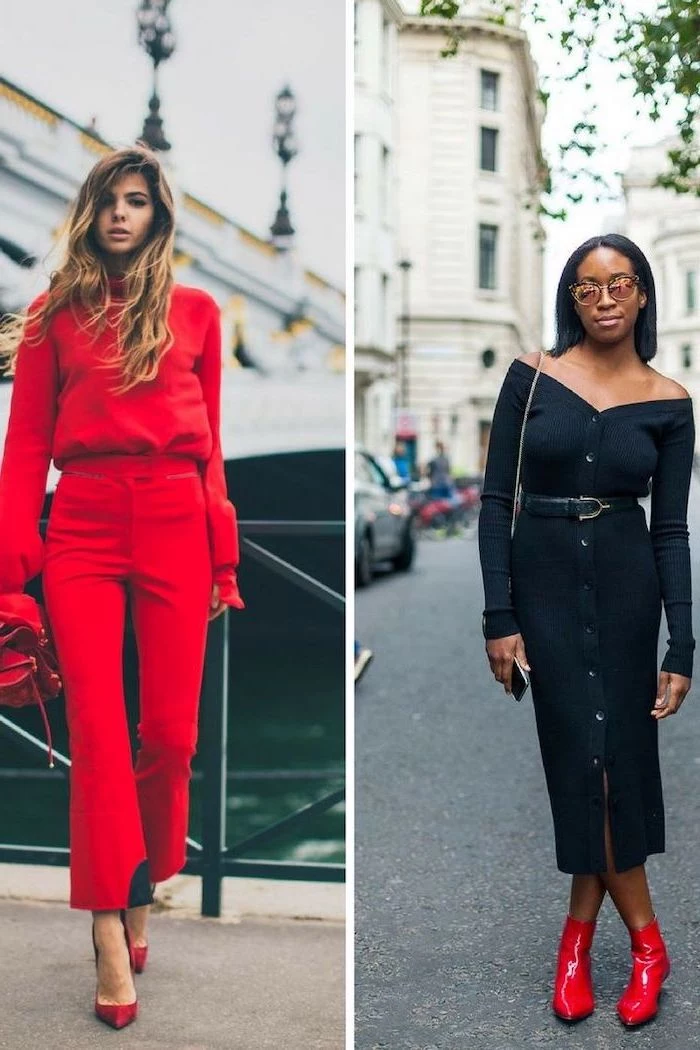 side by side photos, two women with different outfits, valentines day clothes, outfits in red and black