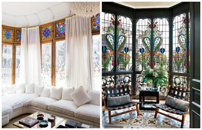 side by side photos of rooms with large windows, antique stained glass windows, white corner sofa, two wooden armchairs
