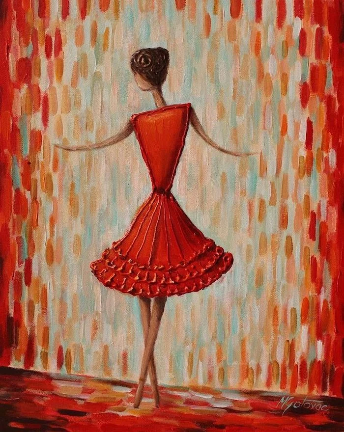silhouette of a woman, wearing a red dress barefoot, diy canvas painting, colorful background, made up of brush strokes