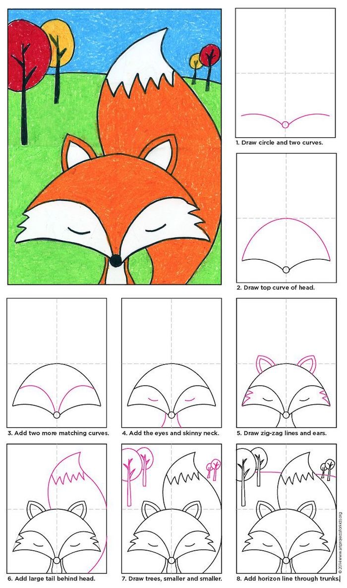 passo a passo tutorial diy, bonito legal desenhos, como desenhar um fox em oito etapas, desenho colorido, desenho criativo de ideias para iniciantes