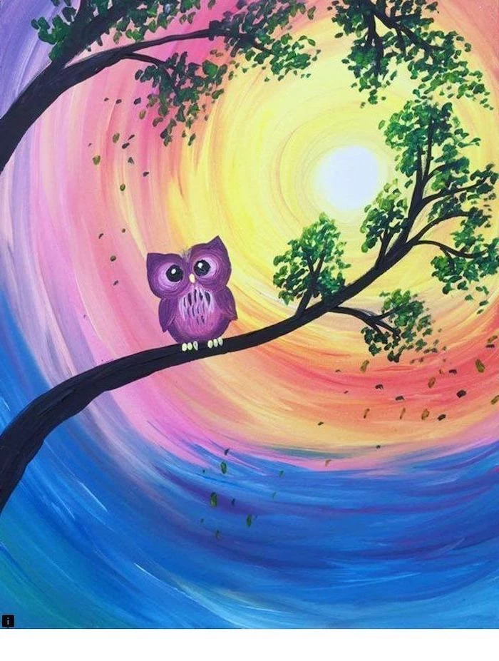 purple owl standing on a tree branch, diy canvas painting, sun in the background, surrounded by orange pink blue sky