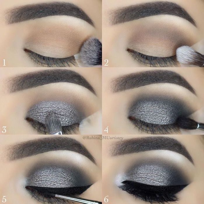 step by step diy tutorial, eyeshadow for blue eyes, silver and black eyeshadow colors, smokey eye, black cat eyeliner