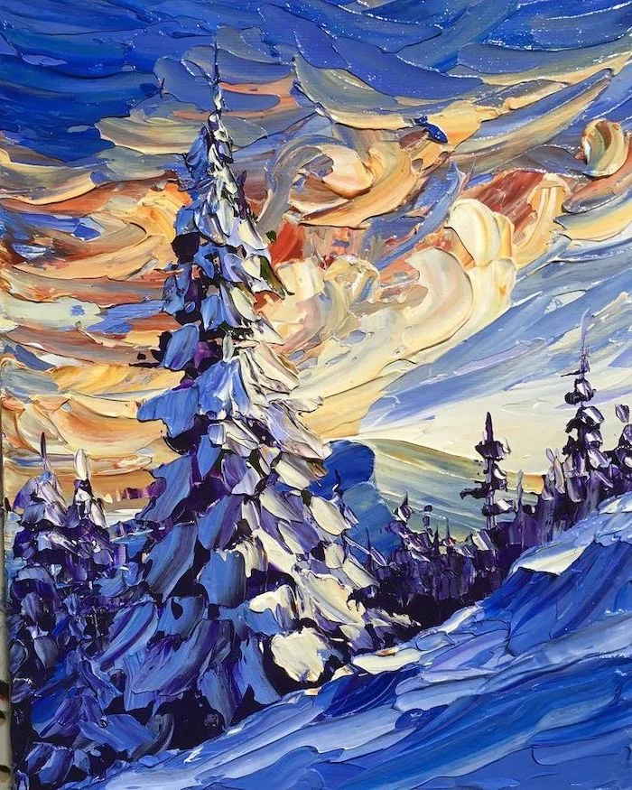 snowy mountain landscape, tall trees covered with snow, diy canvas painting, yellow and blue sky