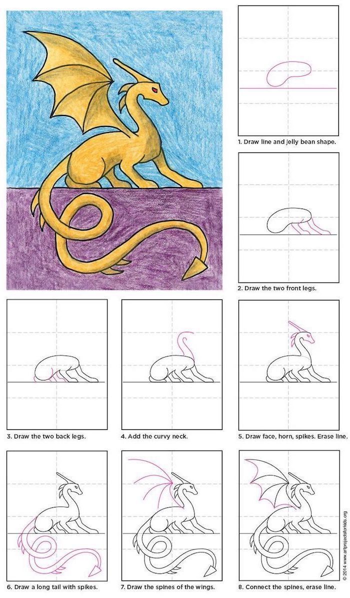 how to draw a dragon in eight steps, colored drawing, cute cool drawings, step by step diy tutorial