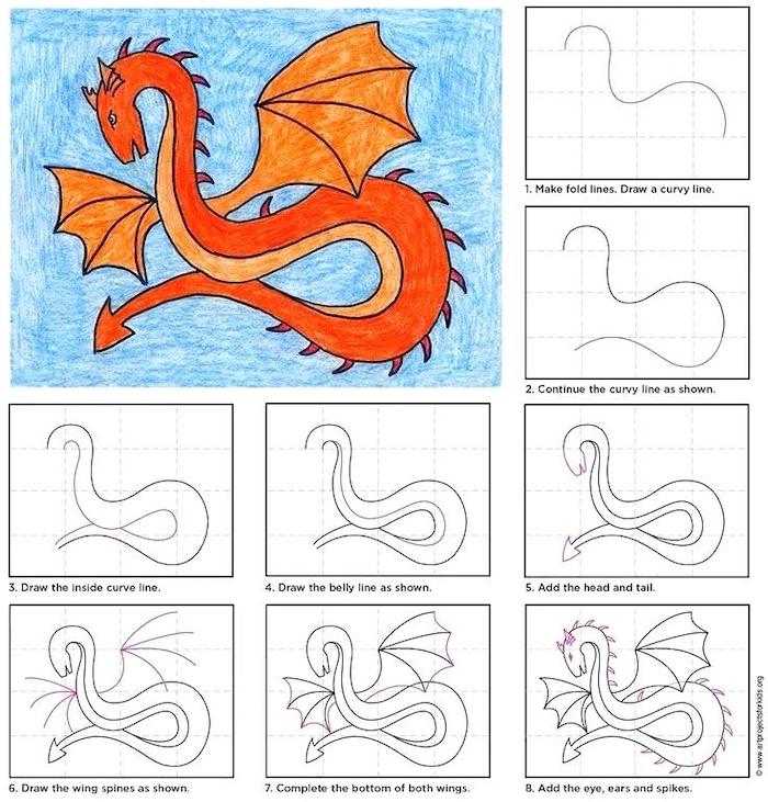 cute drawings for kids, how to draw a dragon in eight steps, step by step diy tutorial, colored drawing