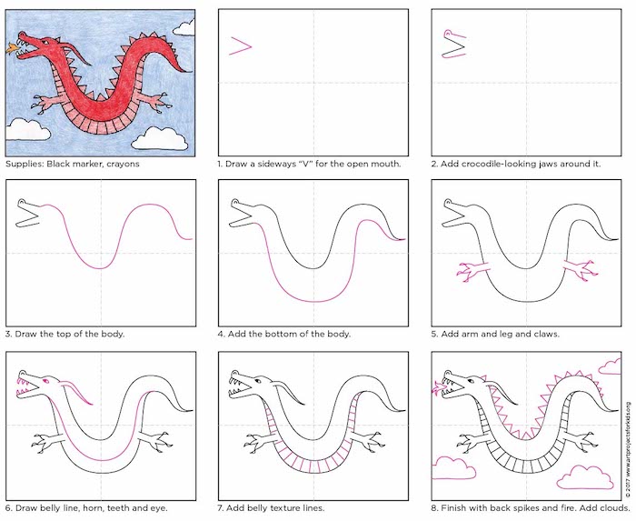 schritt für Schritt diy Tutorial, wie man einen Drachen in acht Schritten zeichnet, süße Zeichnungen für Kinder, farbige Zeichnung