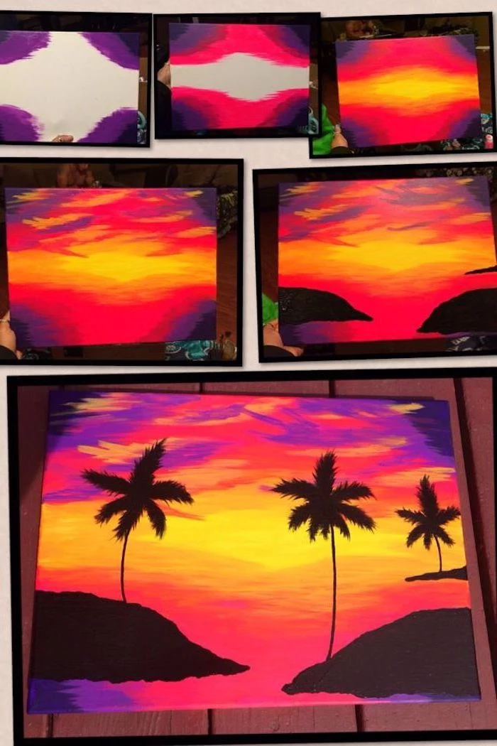 easy things to paint on a canvas, photo collage of step by step diy tutorial, palm trees on the sunset sky, how to paint the sea in acrylics