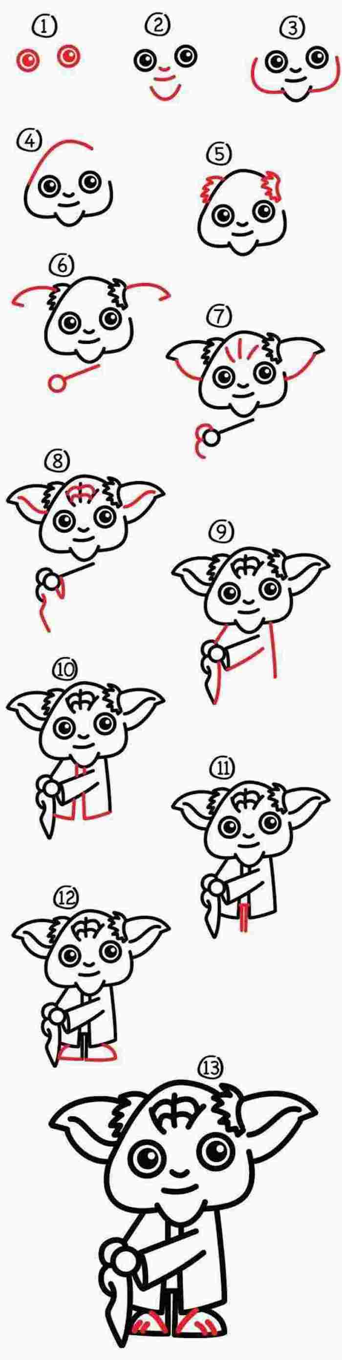 how to draw yoda in thirteen steps, step by step diy tutorial, black and white sketch, white background, cute drawings for kids