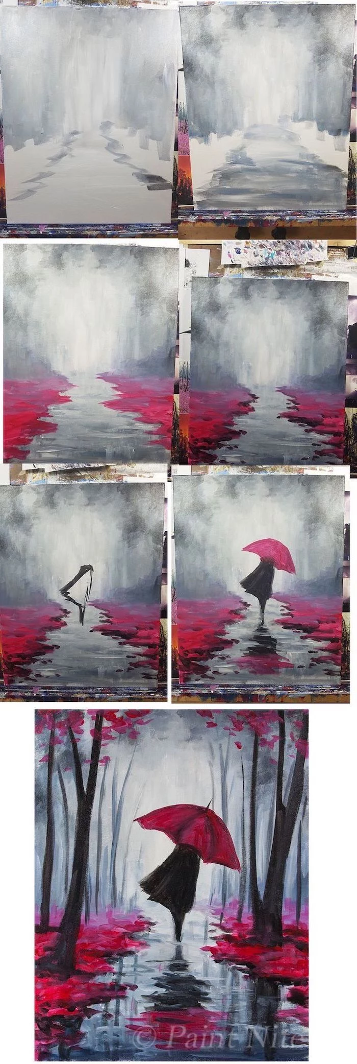 easy things to paint on a canvas, photo collage of step by step diy tutorial, woman with red umbrella walking in the forest