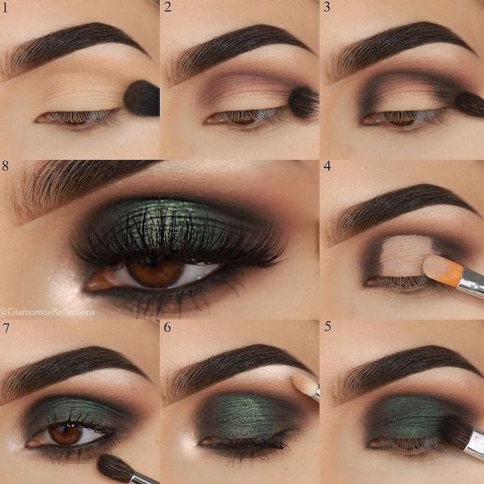 dark green eyeshadow colors, step by step diy tutorial, nude eyeshadow look, woman with brown eyes, dark thick eyebrows