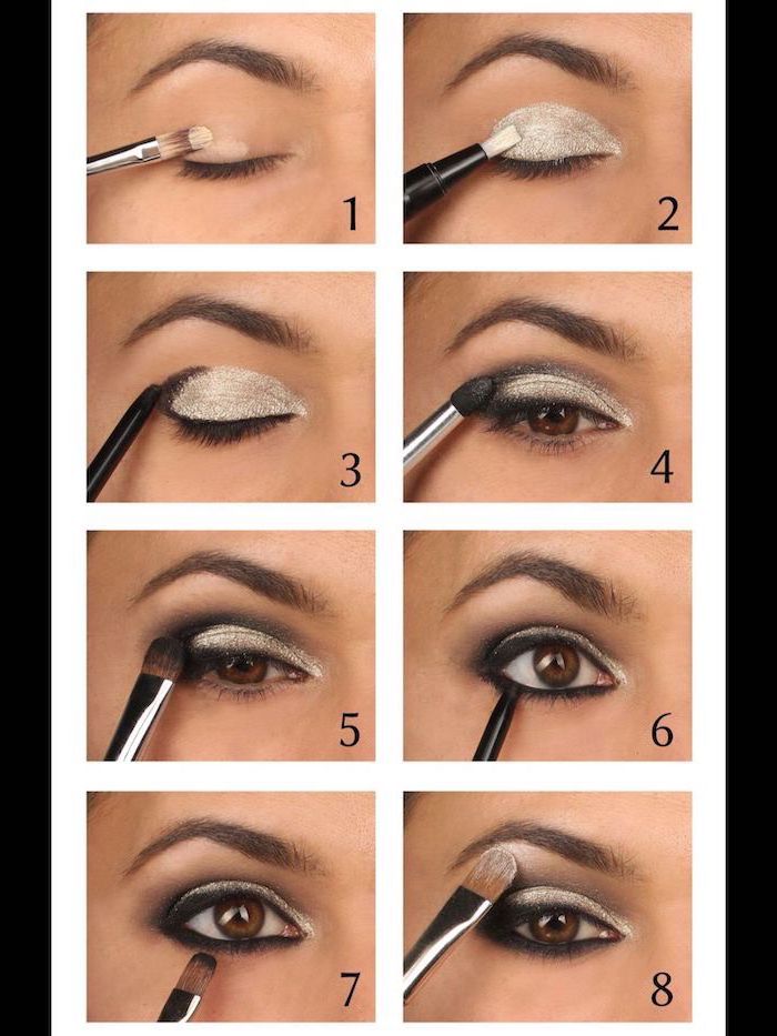 step by step diy tutorial, silver white eyeshadow color, smokey eye tutorial, nude eyeshadow look, black eyeliner