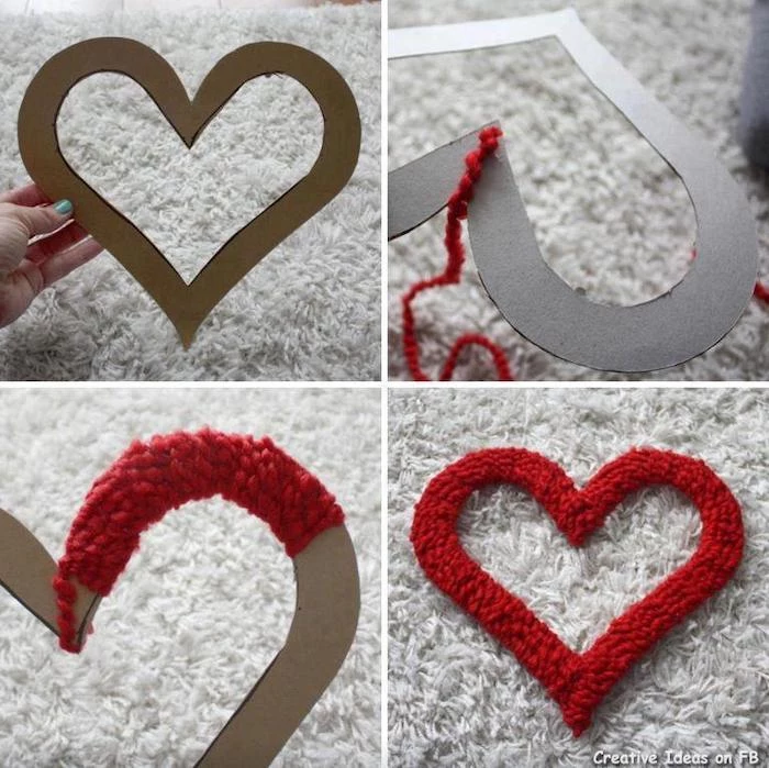 photo collage of step by step diy tutorial, valentine's day home decor, heart cutout wrapped with red yarn
