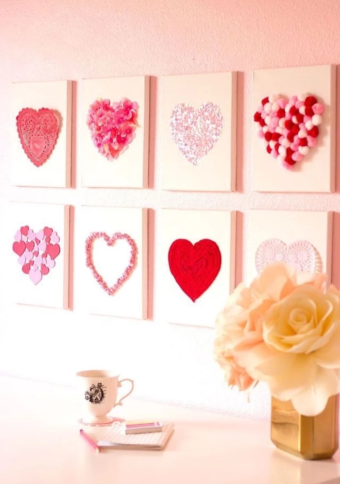 step by step diy tutorial, valentine decorations ideas, eight canvases with different hearts portrayed on them, hanging on pink wall