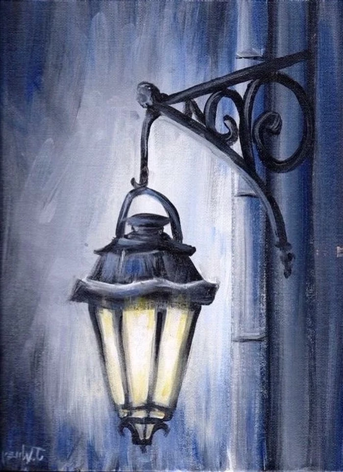 street lamp, hanging from the side of a building, easy things to paint on a canvas, grey background