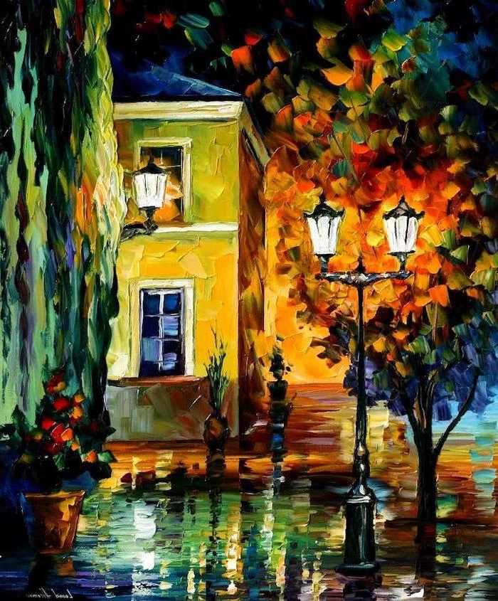 acrylic painting ideas for beginners on canvas, street lamps in front of a house, surrounded by colorful trees