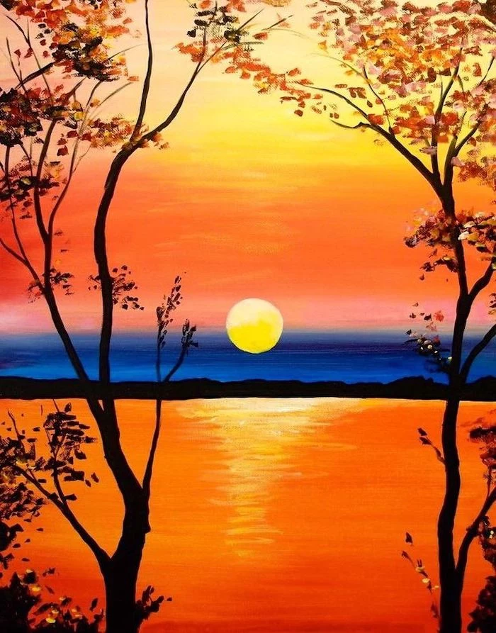 sun rising over the ocean, two trees with orange leaves at the forefront, acrylic painting ideas for beginners on canvas