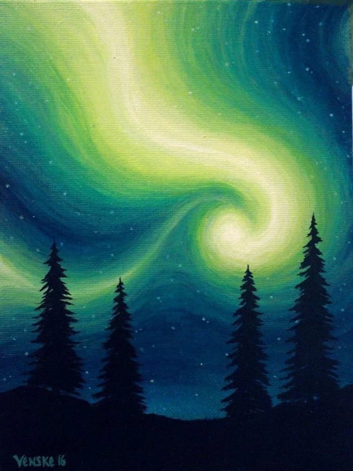 northern lights shining in the sky, acrylic painting ideas for beginners on canvas, tall dark trees under the sky