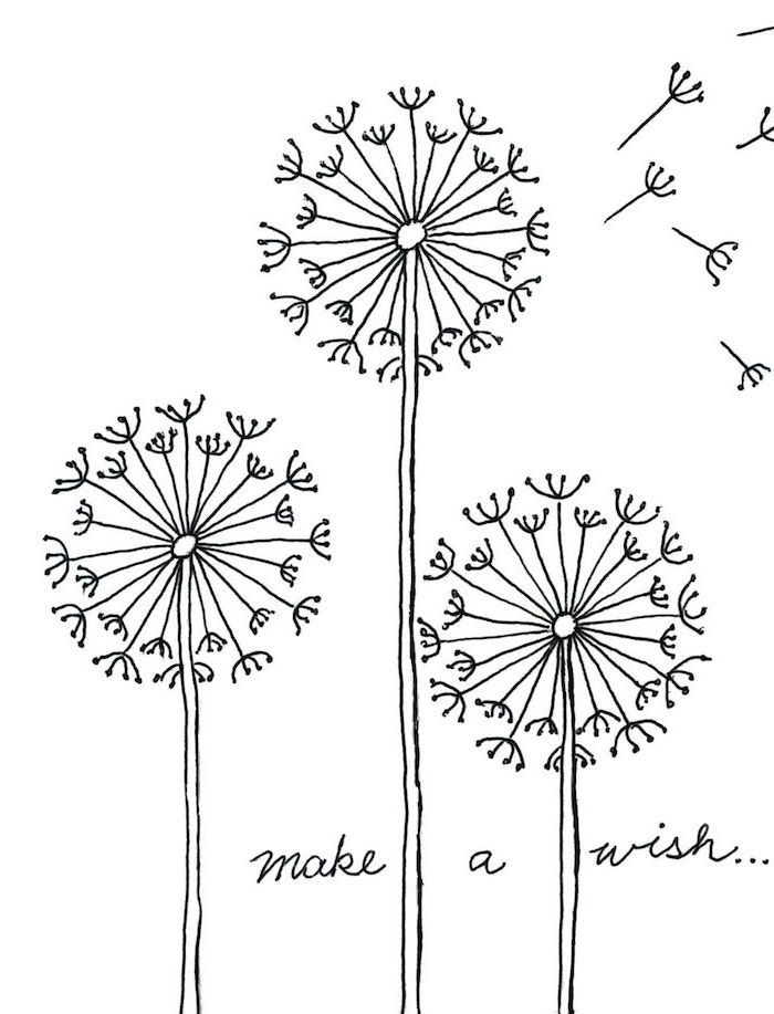 drawing of three dandelions, cute drawings for kids, make a wish written at the bottom, black and white sketch