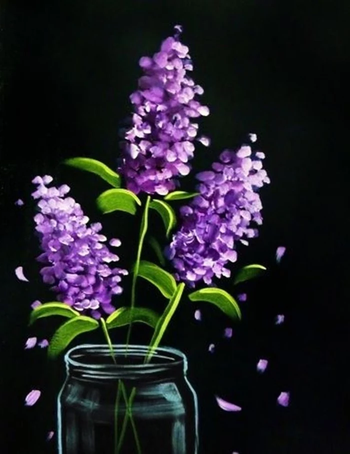 three lilacs bouquet, placed in a glass vase, acrylic painting ideas for beginners on canvas, black background