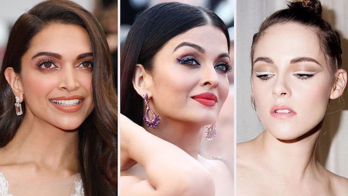 three side by side photos, aishwarya rai, kristen stewart, nude eyeshadow look, glittery eyeshadow colors